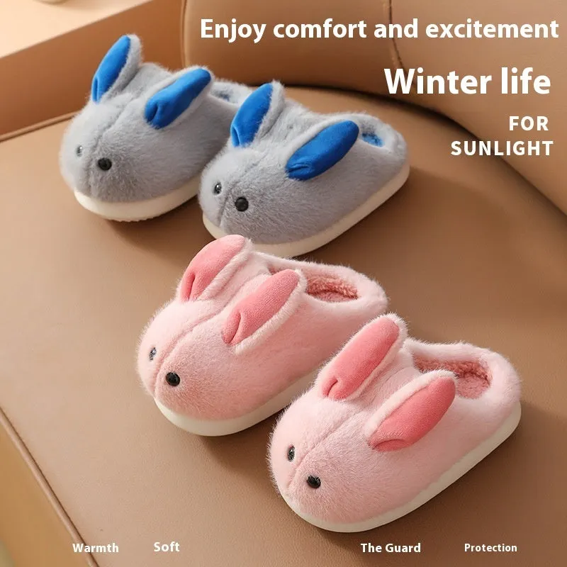 Children's cute cartoon cotton slippers with rabbit hair upper and non-slip EVA sole in solid colours