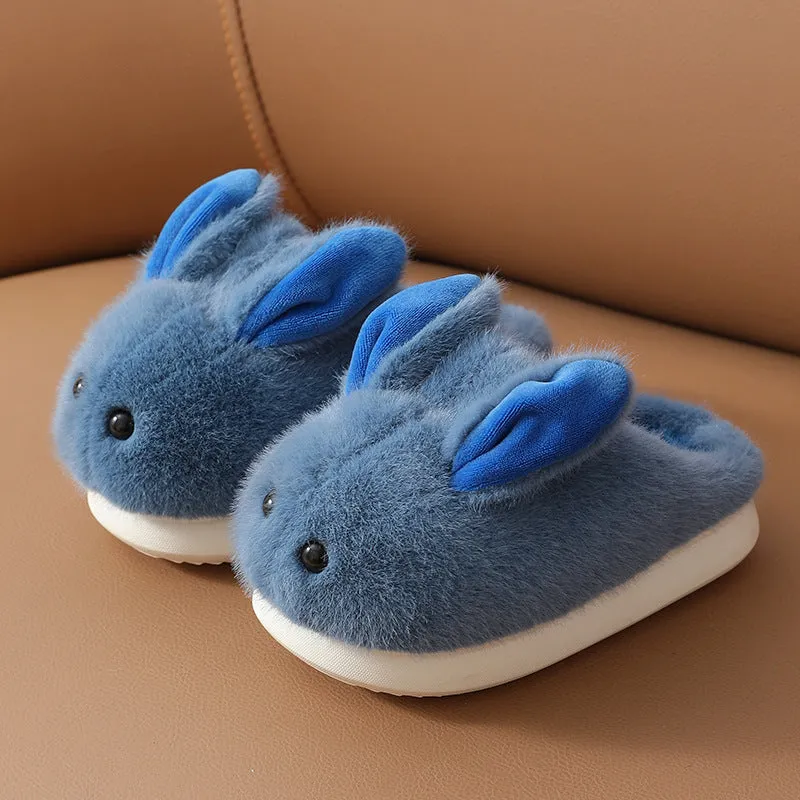 Children's cute cartoon cotton slippers with rabbit hair upper and non-slip EVA sole in solid colours