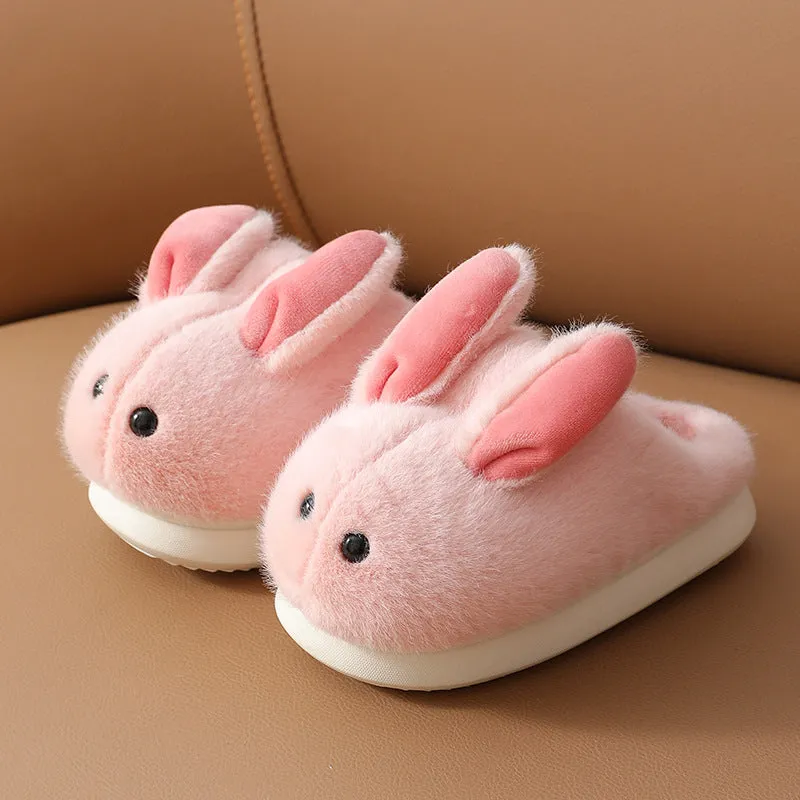 Children's cute cartoon cotton slippers with rabbit hair upper and non-slip EVA sole in solid colours