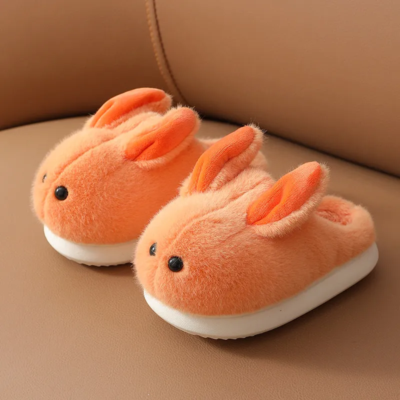 Children's cute cartoon cotton slippers with rabbit hair upper and non-slip EVA sole in solid colours