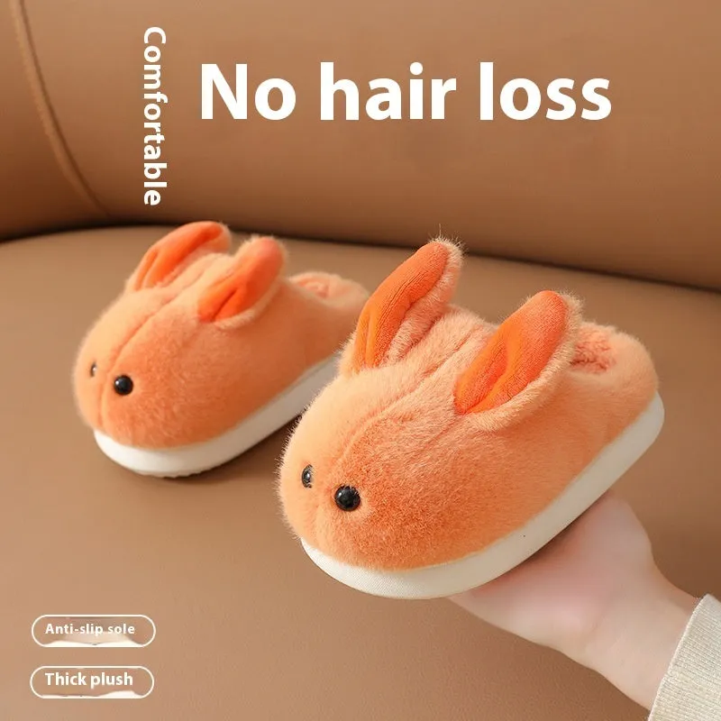 Children's cute cartoon cotton slippers with rabbit hair upper and non-slip EVA sole in solid colours