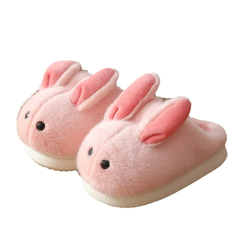 Children's cute cartoon cotton slippers with rabbit hair upper and non-slip EVA sole in solid colours