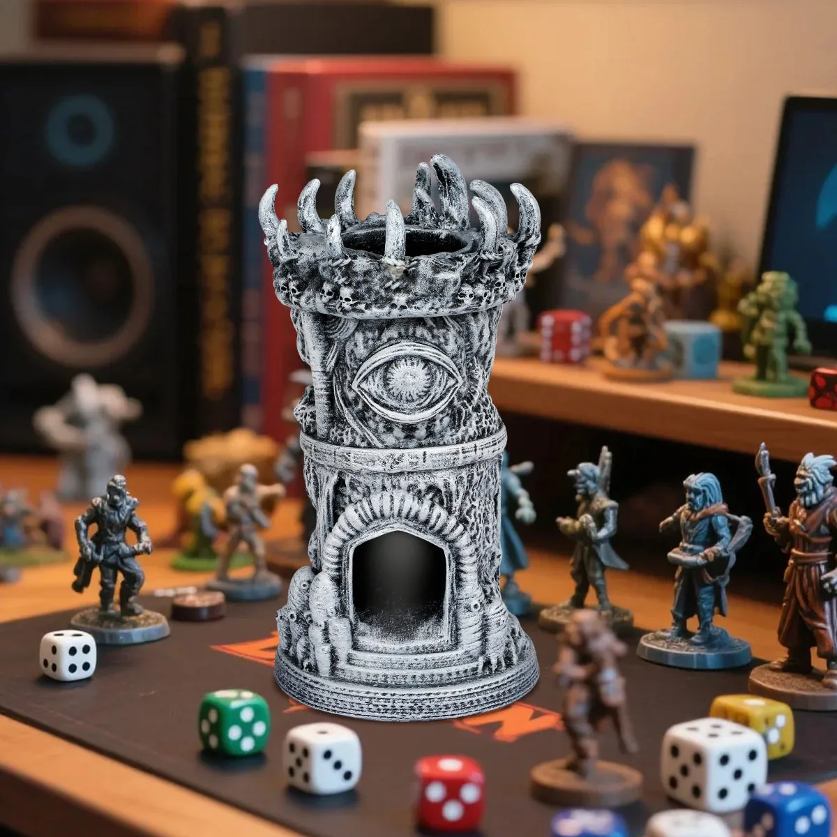 Grey resin fantasy cyclops beholder dice tower 17cm tall for tabletop role-playing games
