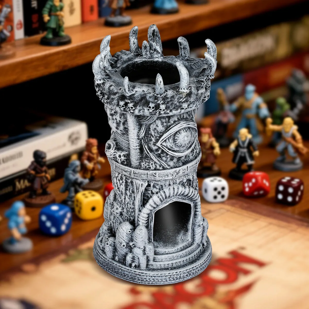 Grey resin fantasy cyclops beholder dice tower 17cm tall for tabletop role-playing games
