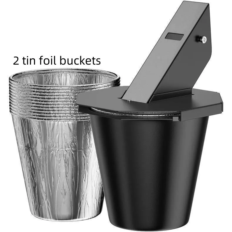 Black grease catcher with cover for barbecue smoker drip collection with tin foil bucket liners.