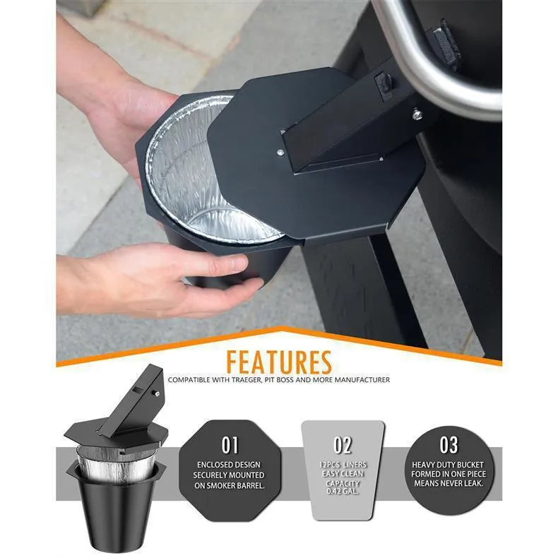 Black grease catcher with cover for barbecue smoker drip collection with tin foil bucket liners.