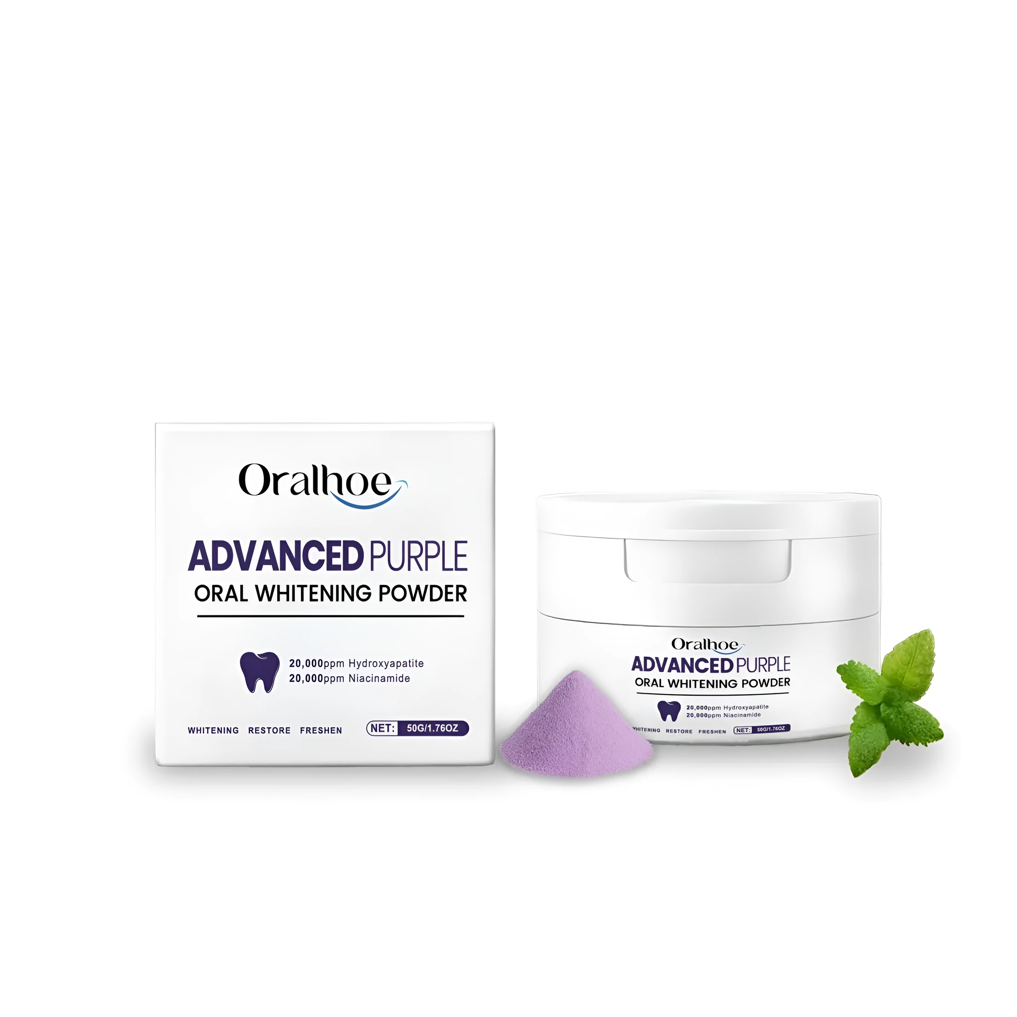 50g container of natural tooth powder with hydroxyapatite and sodium bicarbonate ingredients