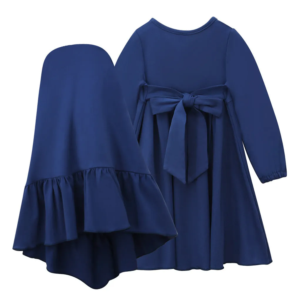 Girls cotton A-line dress and headscarf set in dark blue for heights 70-140 yards