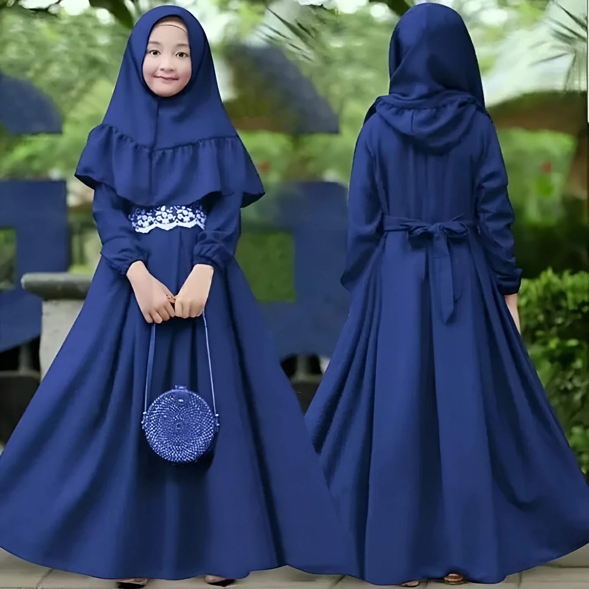 Girls cotton A-line dress and headscarf set in dark blue for heights 70-140 yards