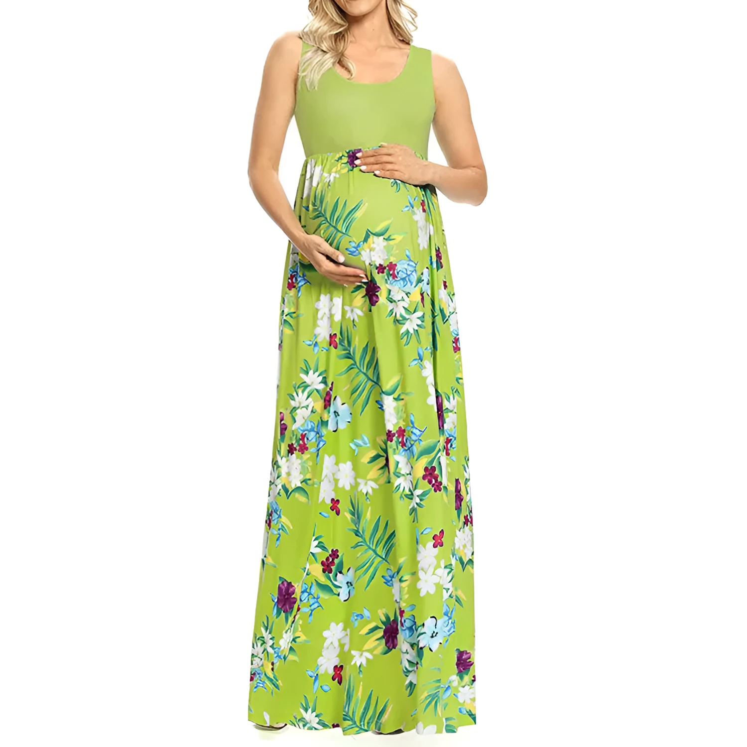 Fashion print stitching round neck maternity dress in light green, sleeveless swing style with high waist, for summer