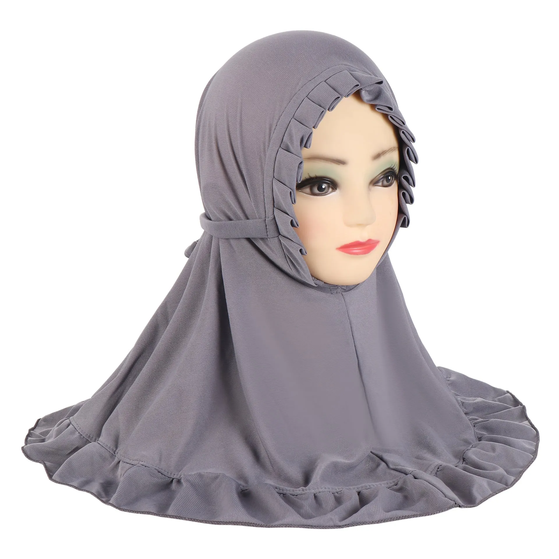 Girls ice silk ruffled headscarf in monochrome colour on child model