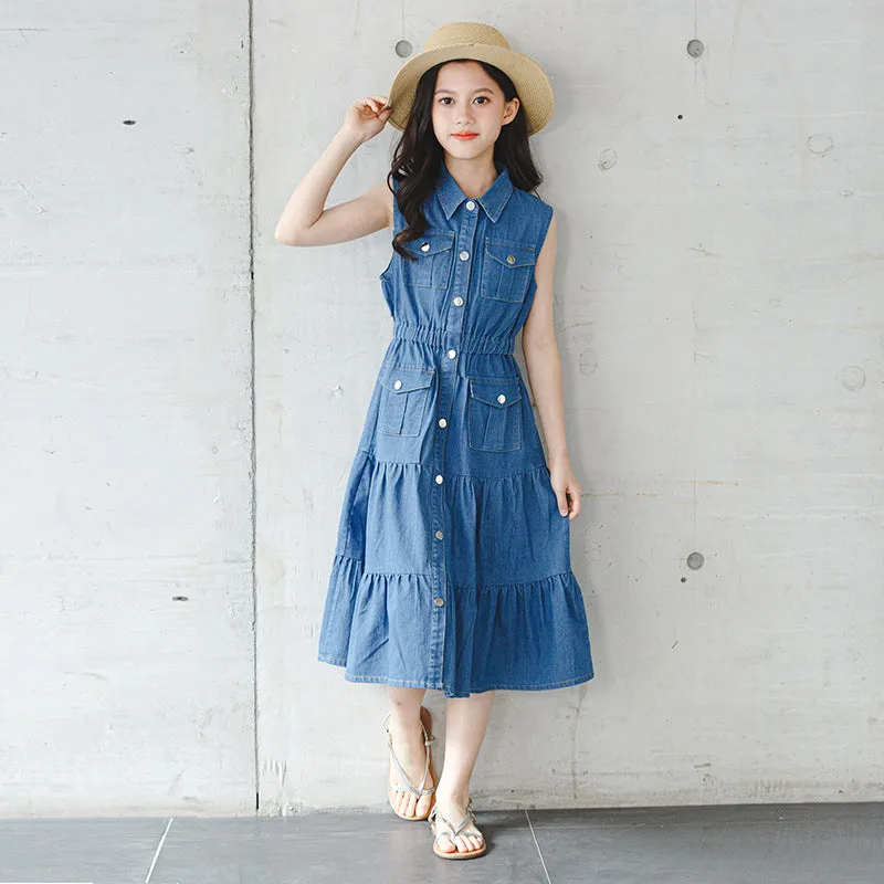 Blue denim blouse collar vest dress for girls with button front, cotton fabric, suitable for 120-170cm height