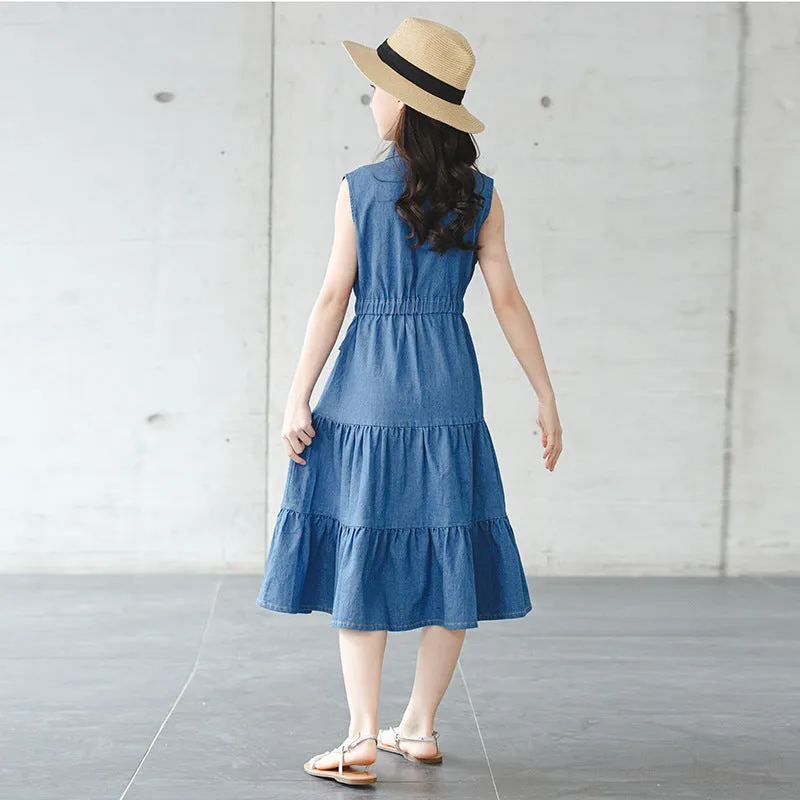 Blue denim blouse collar vest dress for girls with button front, cotton fabric, suitable for 120-170cm height