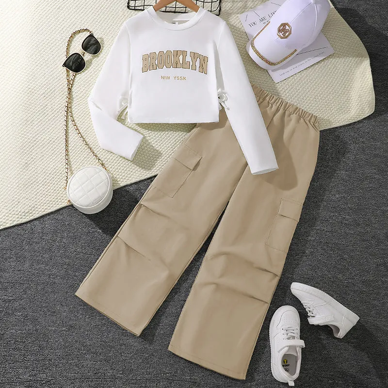 Girls' letter print long sleeve pullover sweater and wide leg pleated overalls set, cotton blend, five colours, 130-170cm