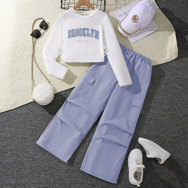 Girls' letter print long sleeve pullover sweater and wide leg pleated overalls set, cotton blend, five colours, 130-170cm