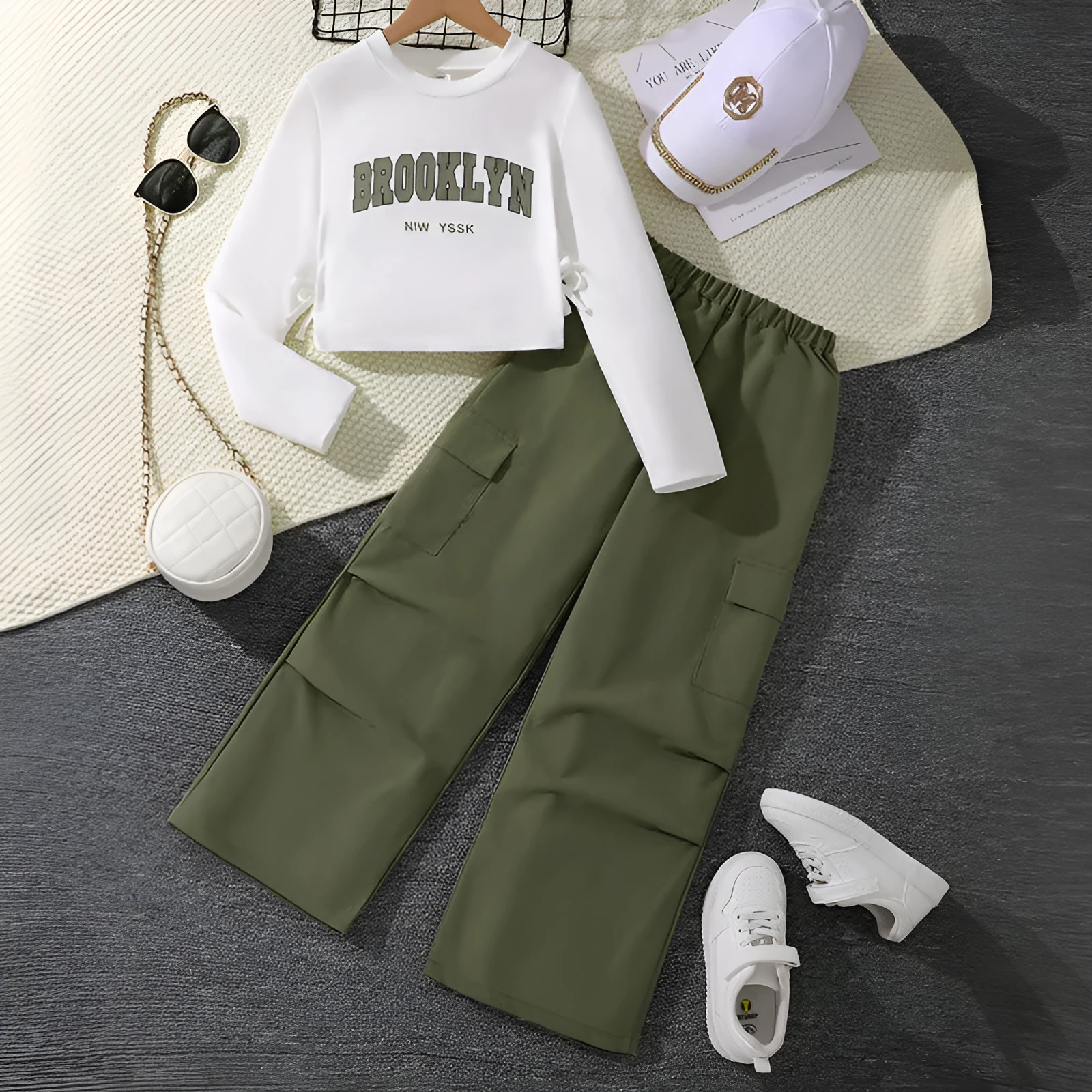 Girls' letter print long sleeve pullover sweater and wide leg pleated overalls set, cotton blend, five colours, 130-170cm