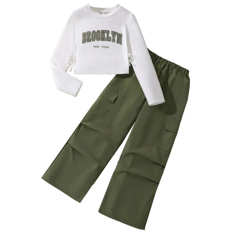 Girls' letter print long sleeve pullover sweater and wide leg pleated overalls set, cotton blend, five colours, 130-170cm