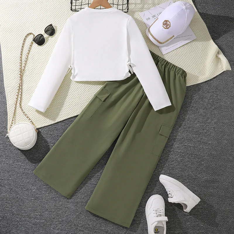 Girls' letter print long sleeve pullover sweater and wide leg pleated overalls set, cotton blend, five colours, 130-170cm