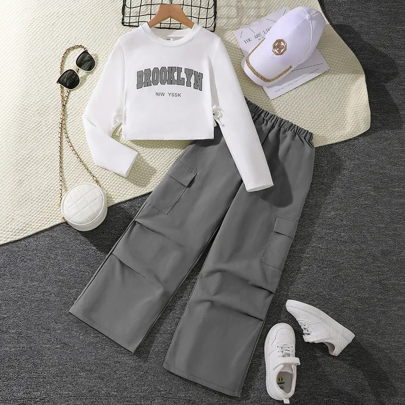 Girls' letter print long sleeve pullover sweater and wide leg pleated overalls set, cotton blend, five colours, 130-170cm