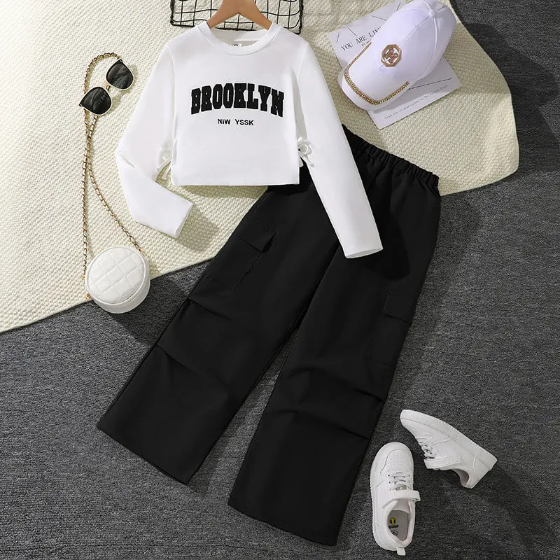 Girls' letter print long sleeve pullover sweater and wide leg pleated overalls set, cotton blend, five colours, 130-170cm