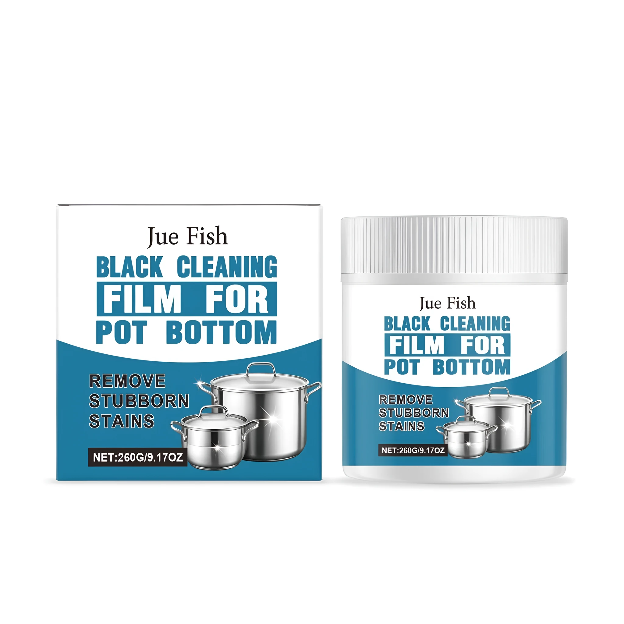 Black cleaning paste in a plastic tub for removing burnt food from pot and pan bottoms.