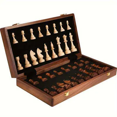 Walnut foldable solid wood chess set with brown pieces and two board size options for children