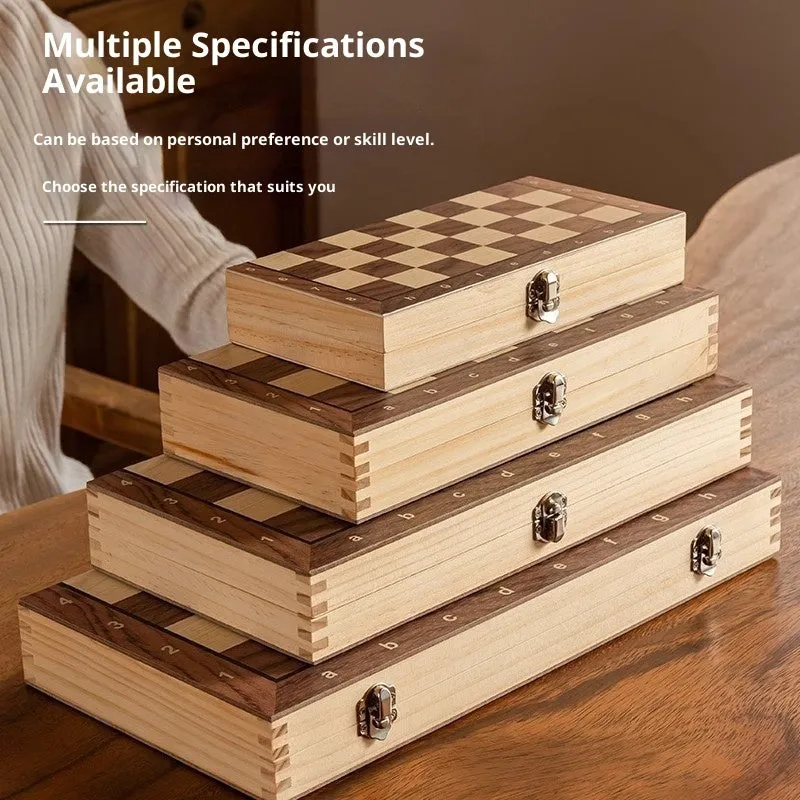 Walnut foldable solid wood chess set with brown pieces and two board size options for children