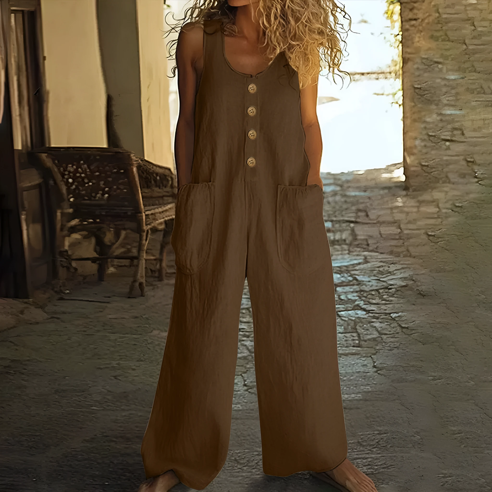 A sleeveless wide-leg cotton jumpsuit in an art retro style, shown in Army Green colour with a pocket and elasticated waist.