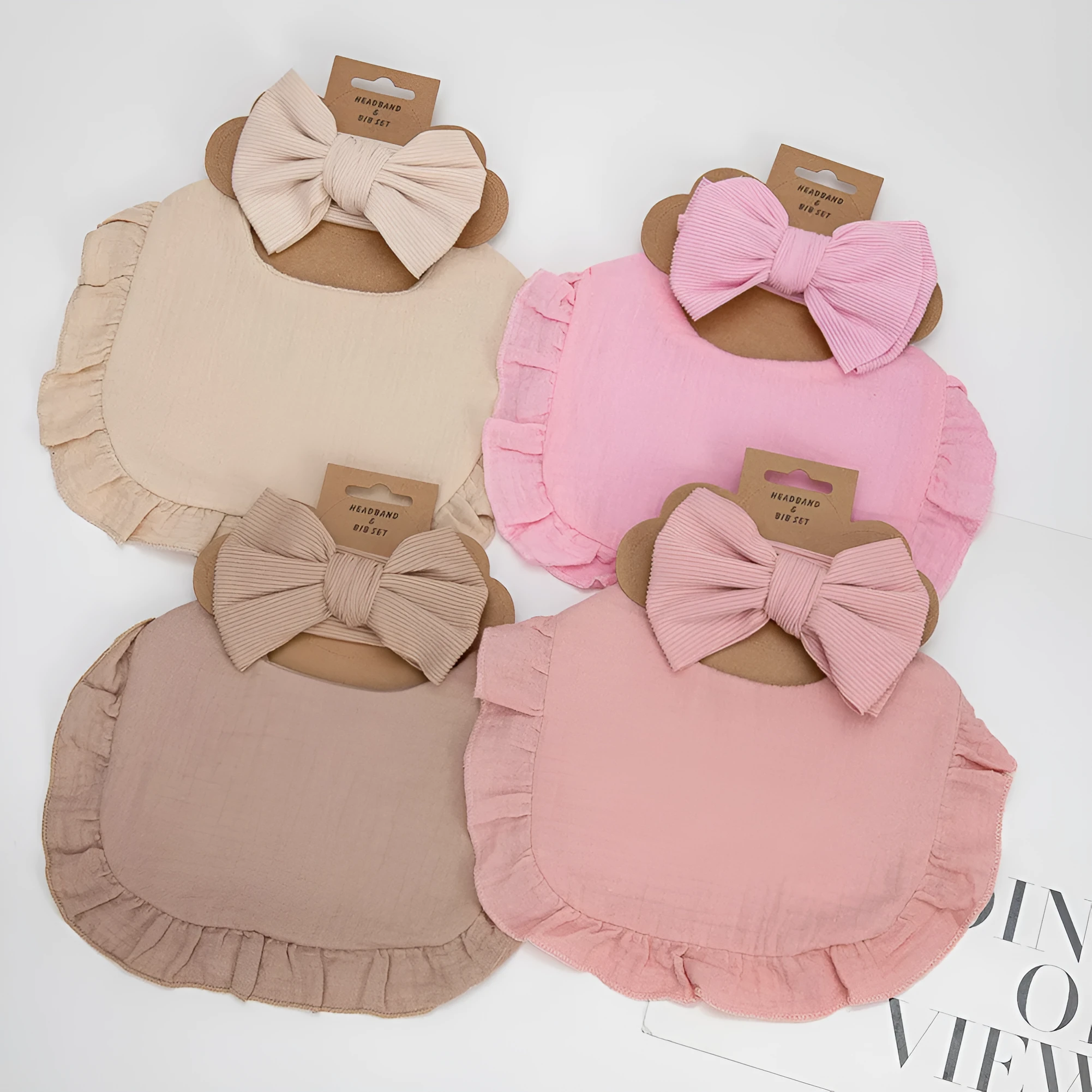 Pure cotton baby bib and headband set in solid colour for girls, absorbent and machine washable