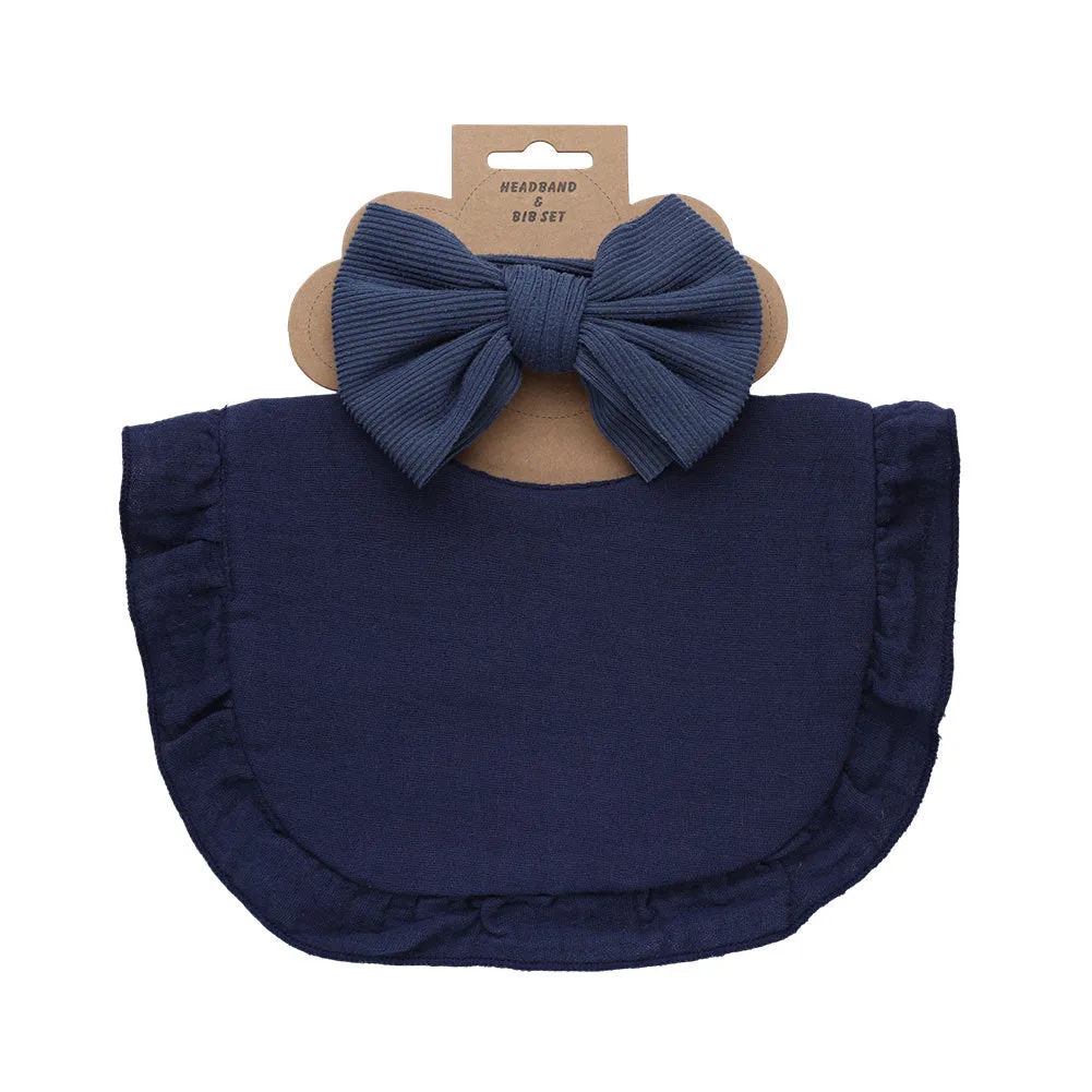 Pure cotton baby bib and headband set in solid colour for girls, absorbent and machine washable