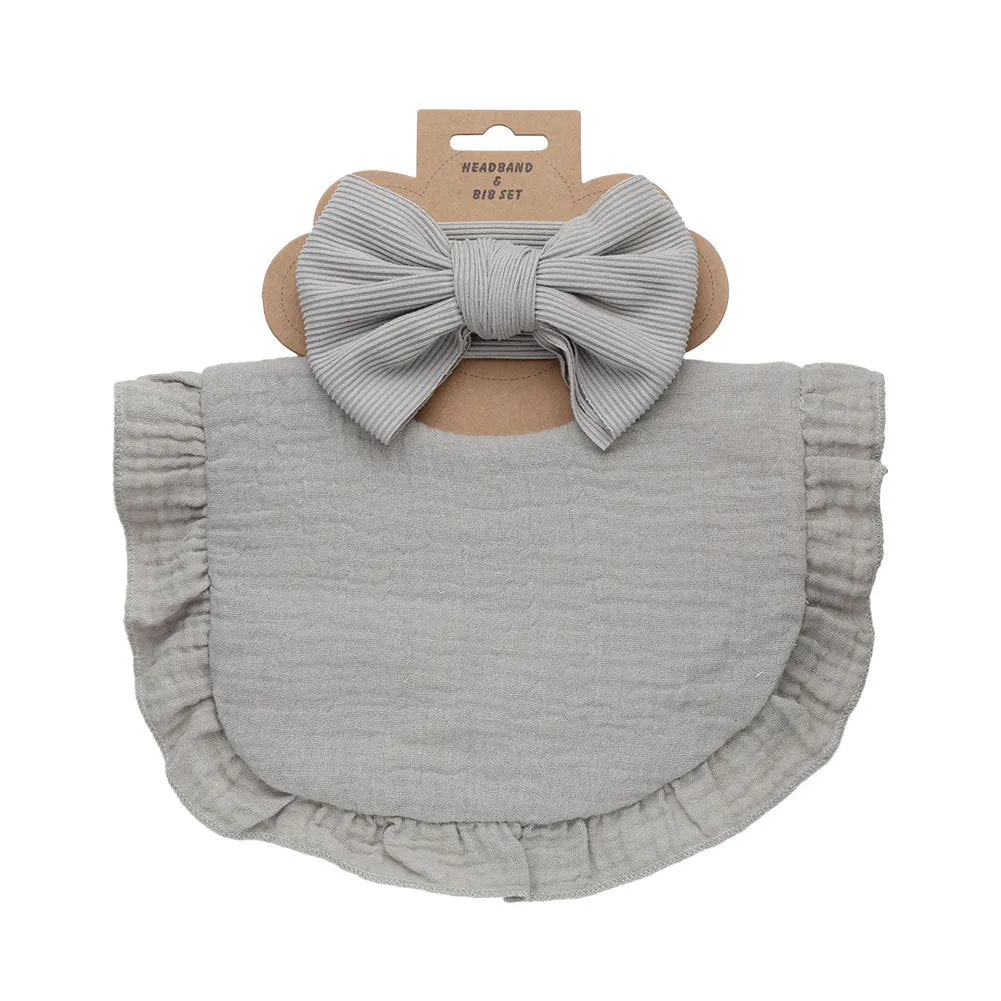 Pure cotton baby bib and headband set in solid colour for girls, absorbent and machine washable
