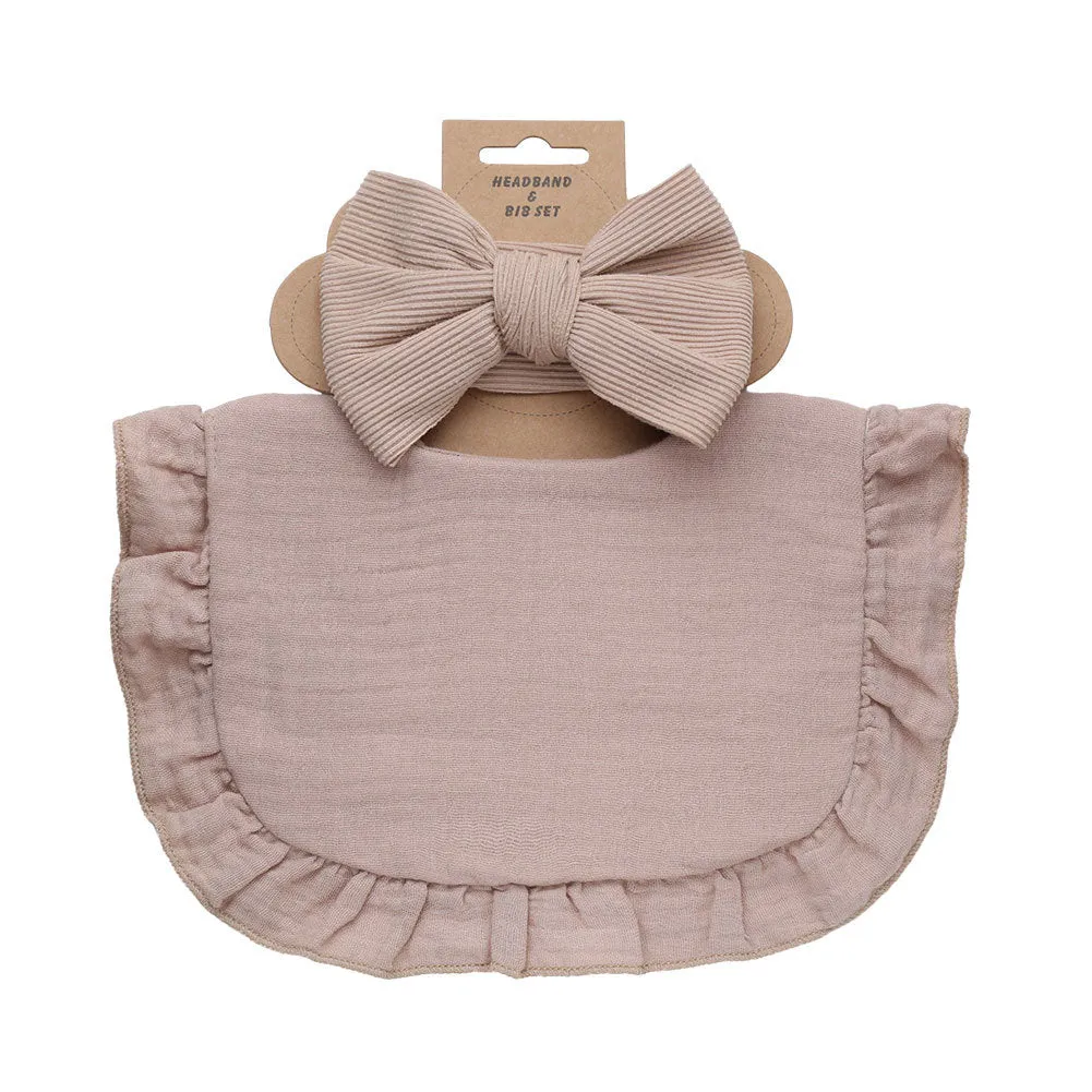 Pure cotton baby bib and headband set in solid colour for girls, absorbent and machine washable