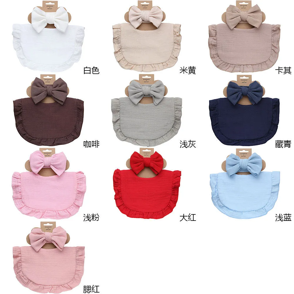Pure cotton baby bib and headband set in solid colour for girls, absorbent and machine washable