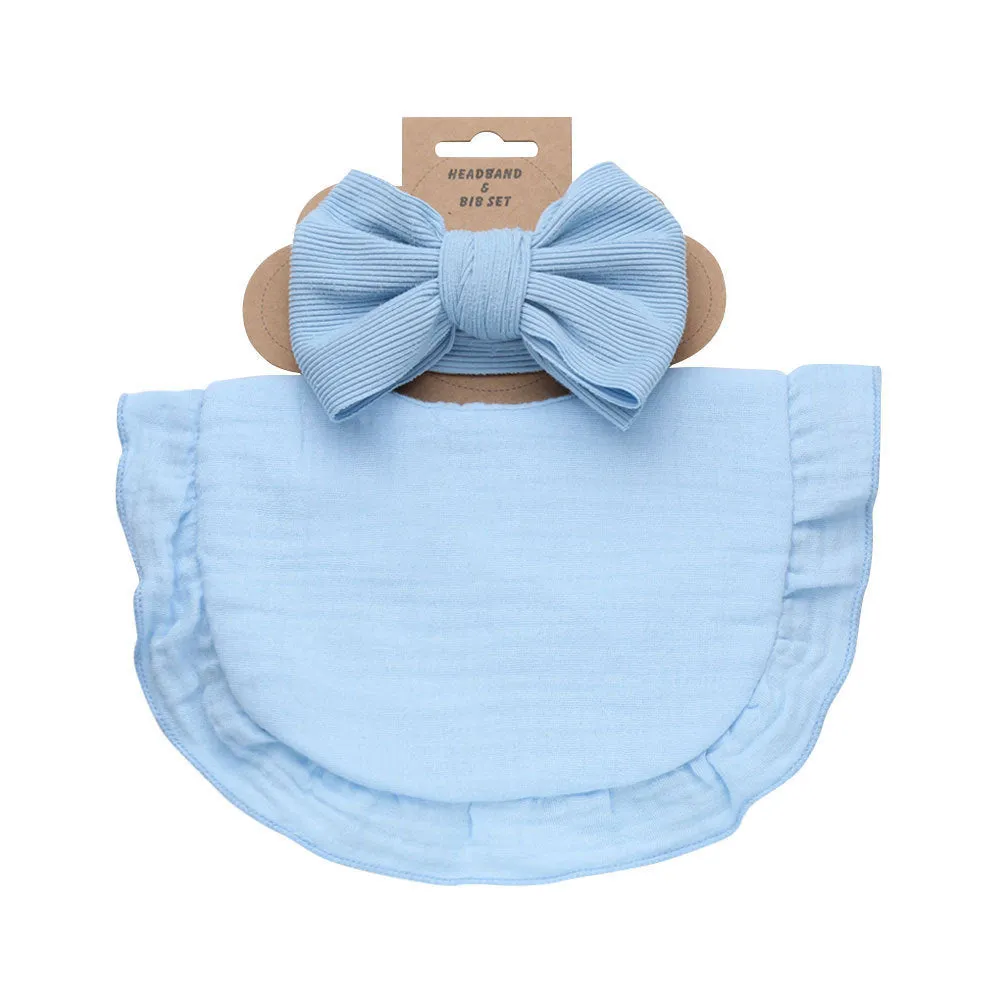 Pure cotton baby bib and headband set in solid colour for girls, absorbent and machine washable