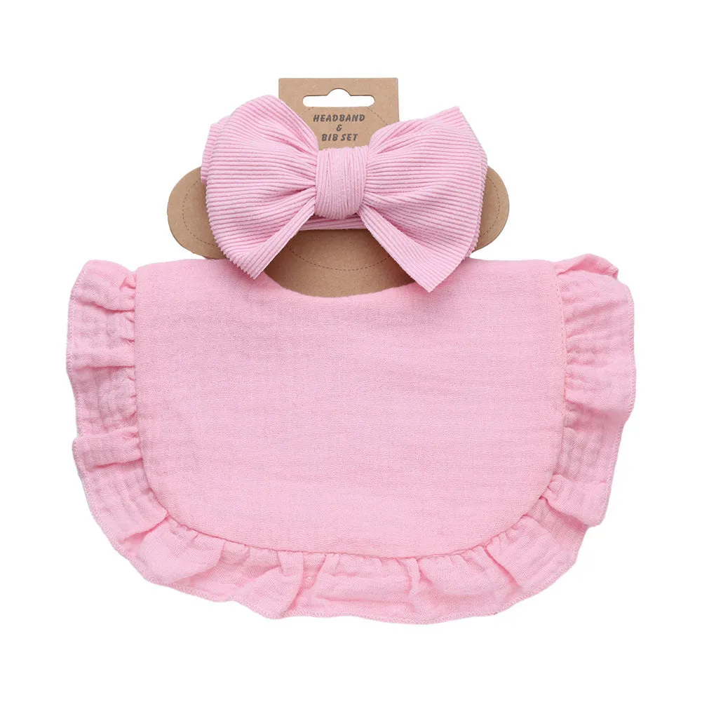 Pure cotton baby bib and headband set in solid colour for girls, absorbent and machine washable
