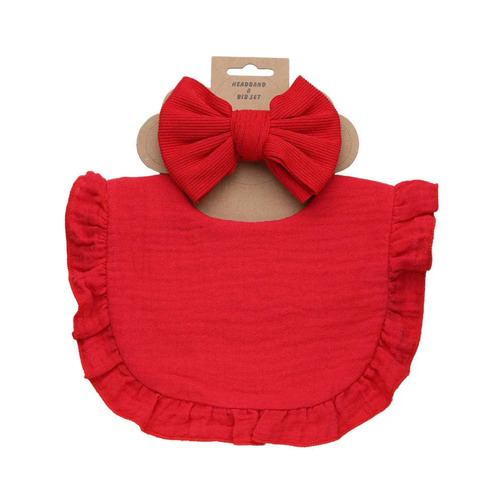 Pure cotton baby bib and headband set in solid colour for girls, absorbent and machine washable