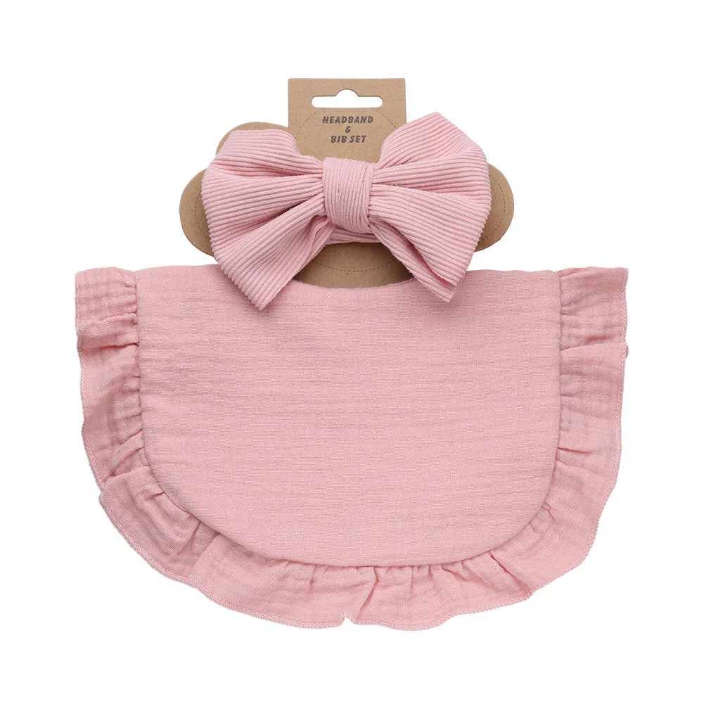 Pure cotton baby bib and headband set in solid colour for girls, absorbent and machine washable