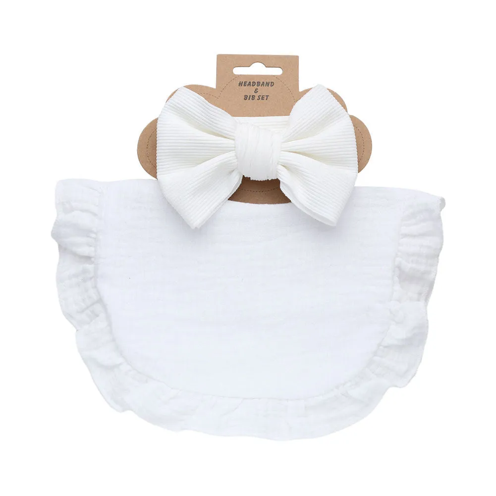 Pure cotton baby bib and headband set in solid colour for girls, absorbent and machine washable
