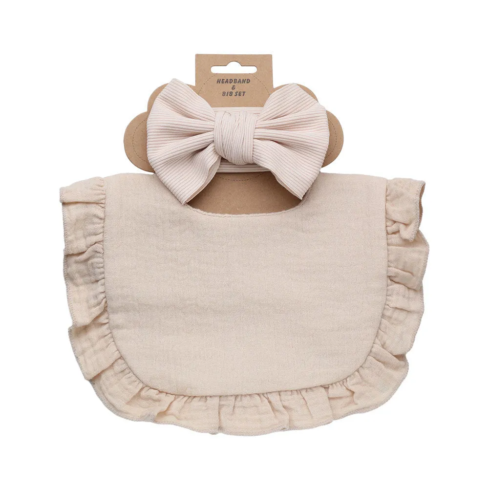 Pure cotton baby bib and headband set in solid colour for girls, absorbent and machine washable
