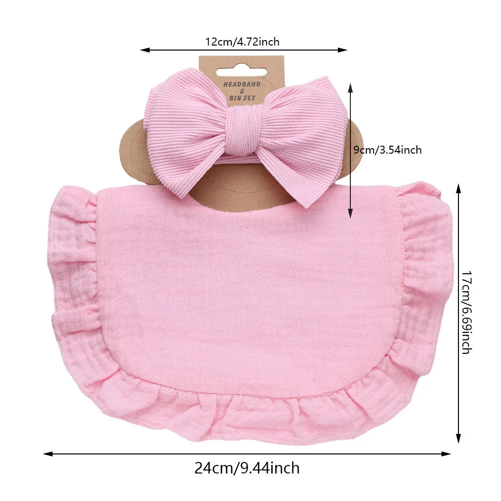 Pure cotton baby bib and headband set in solid colour for girls, absorbent and machine washable