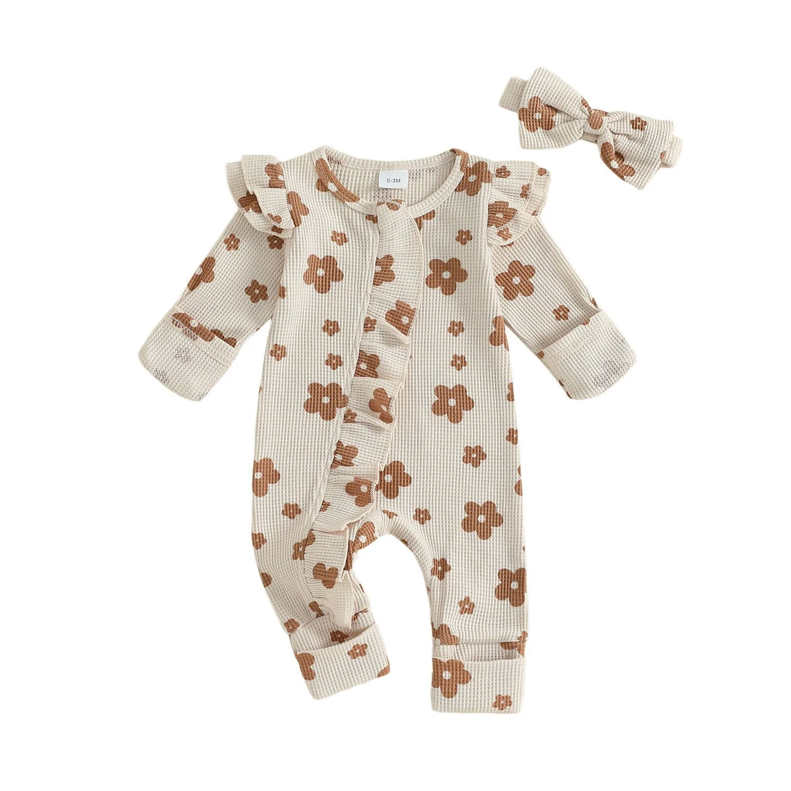 Girls long-sleeved cotton flower print zipper jumpsuit with matching hair band in apricot colour for newborn to 18 months