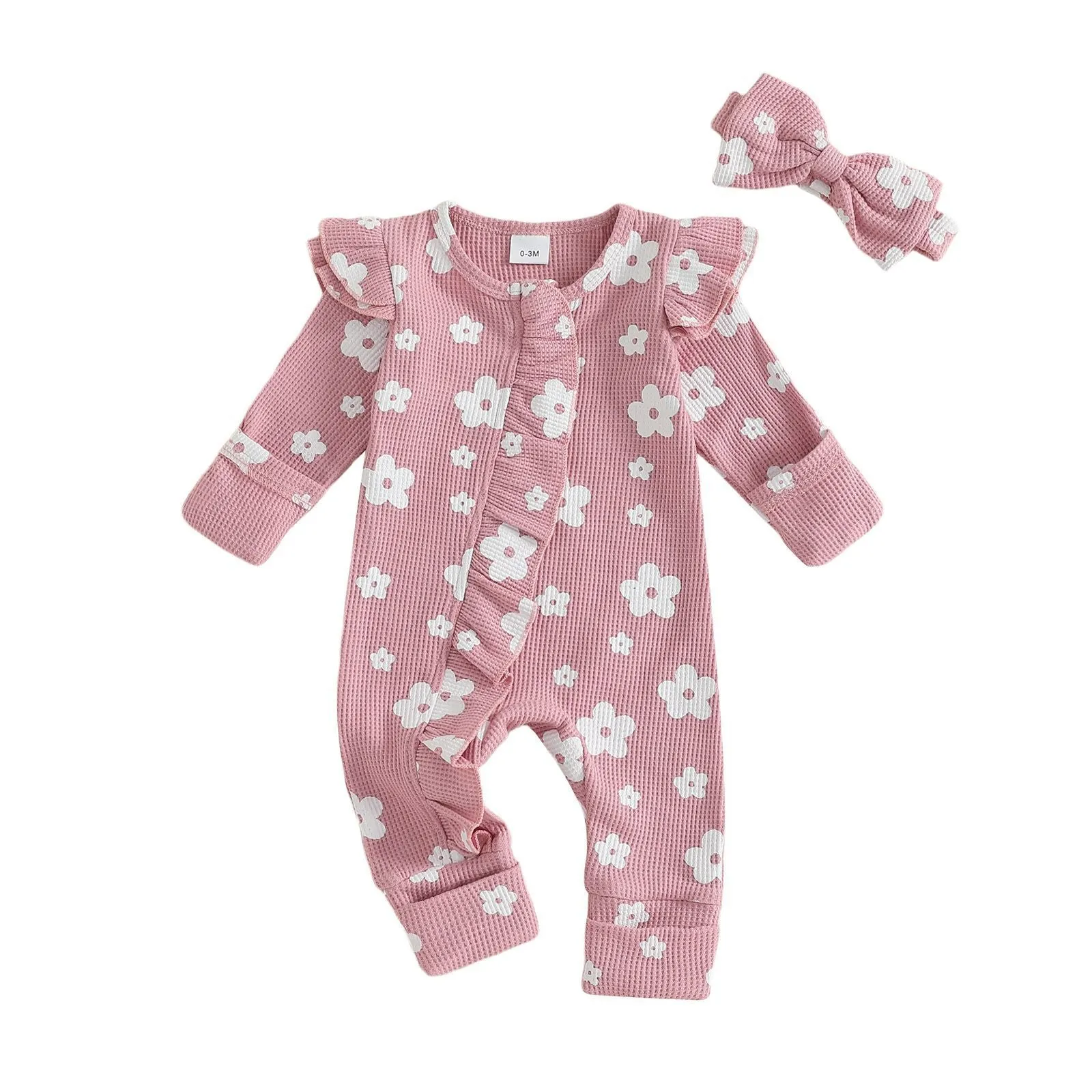 Girls long-sleeved cotton flower print zipper jumpsuit with matching hair band in apricot colour for newborn to 18 months