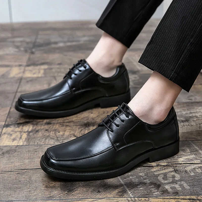 Men's black square toe low-top business casual shoes with artificial PU upper and rubber sole