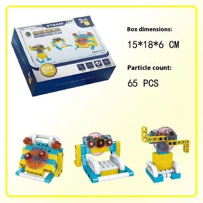 3-in-1 mechanical gear building block set showing multiple model options in colour box packaging