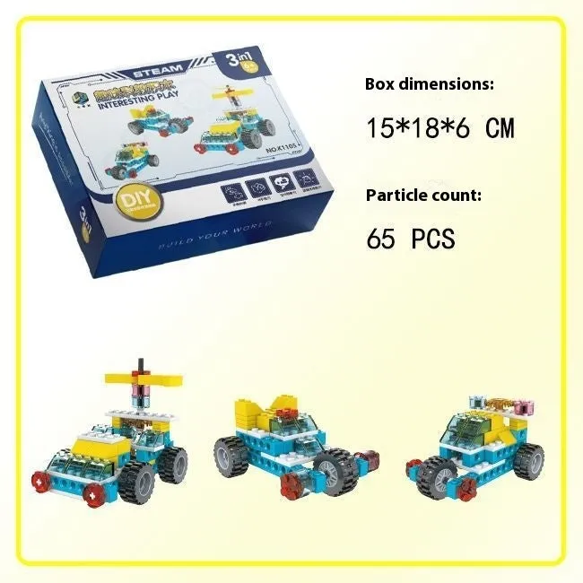 3-in-1 mechanical gear building block set showing multiple model options in colour box packaging