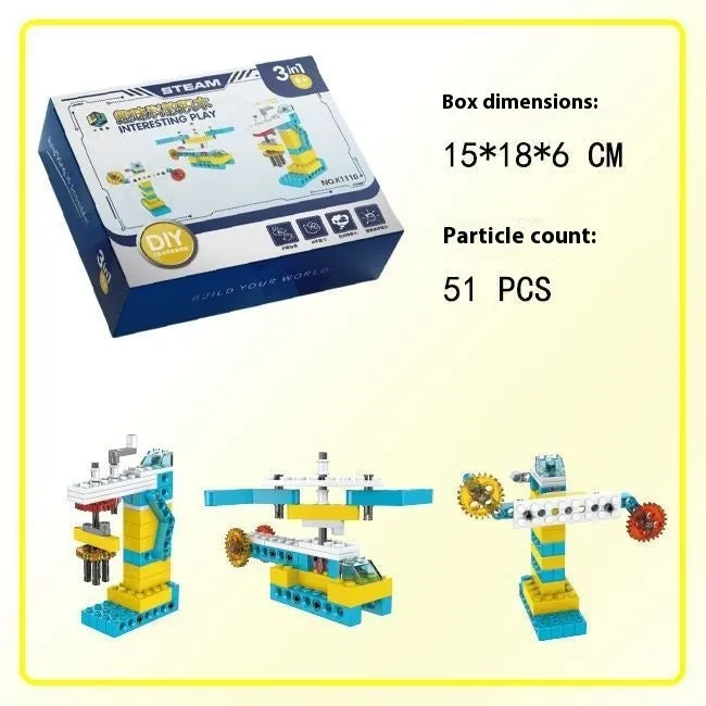 3-in-1 mechanical gear building block set showing multiple model options in colour box packaging