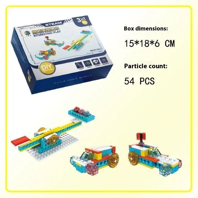 3-in-1 mechanical gear building block set showing multiple model options in colour box packaging