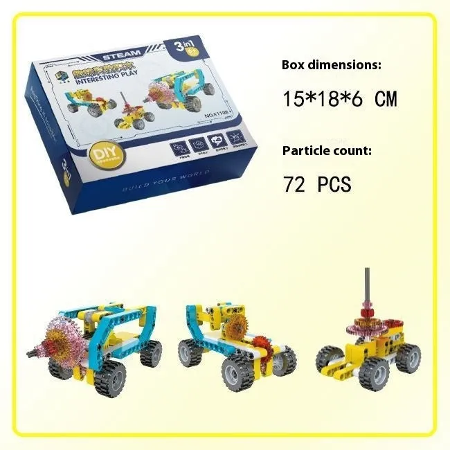 3-in-1 mechanical gear building block set showing multiple model options in colour box packaging