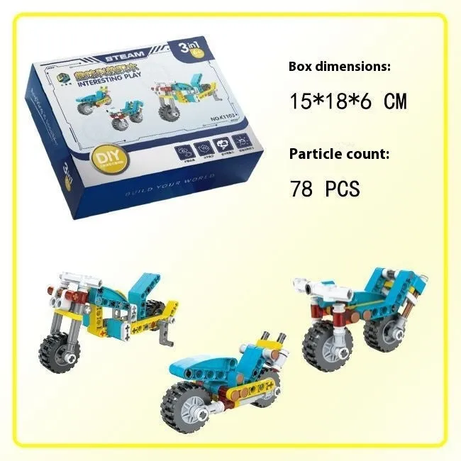3-in-1 mechanical gear building block set showing multiple model options in colour box packaging