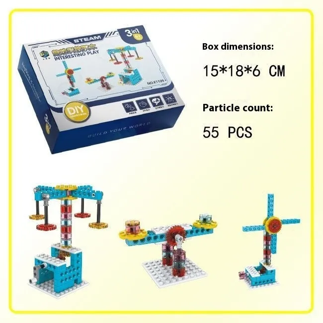 3-in-1 mechanical gear building block set showing multiple model options in colour box packaging